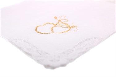 Gold embroidered wedding motifs in both the lady's handkerchief with the lace and men´s handkerchief. An ideal small gift for newlyweds or a wedding gift for weddings.