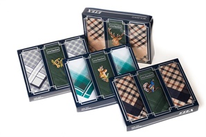 Gift set of men´s handkerchiefs - a combination of one embroidered and two multicolored woven in a traditional box Exclusive. Hunting (roe deer, deer, horn, grouse, pheasant), Fishing (catfish, pike, perch), Sport (golfer, tennis player) motives - 3 pcs. ( code M15 )